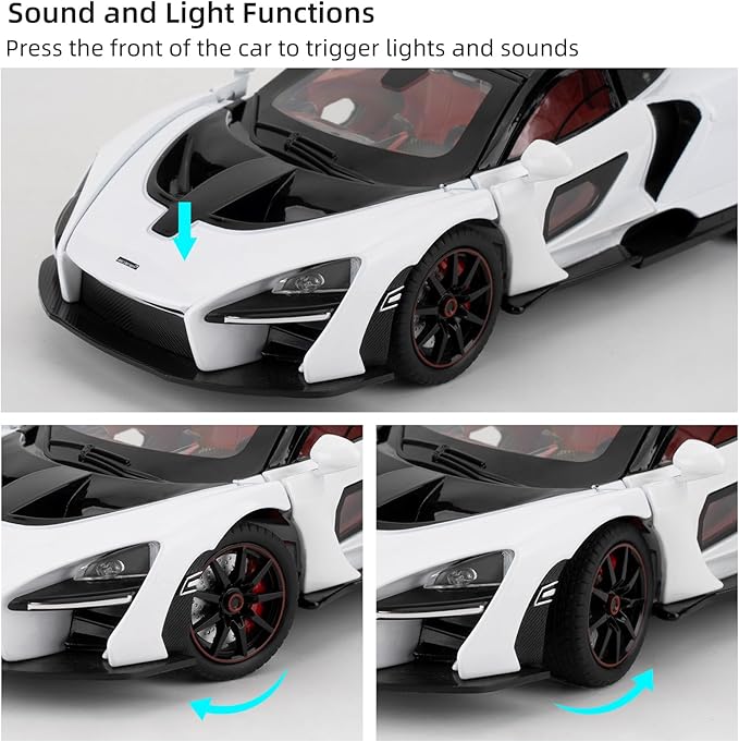 1:24 Scale Car Model Compatible for Collectible McLaren Senna Super Sports Car Toys, Zinc Alloy Pull Back Toy Vehicle with Sound and Light for Adult Boys Girls 3 4 5 6 7 8 (White)