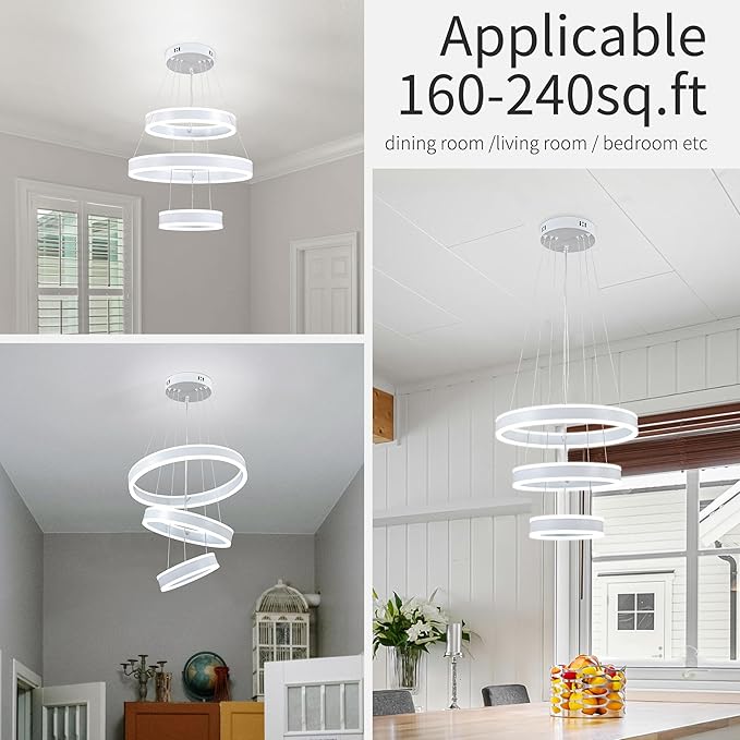 O'NEELDY Modern LED Chandeliers Adjustable Hanging White Pendant Light Fixture 3 Ring Flush Mount Chandeliers for Bedroom,Kitchen,Island Cafe