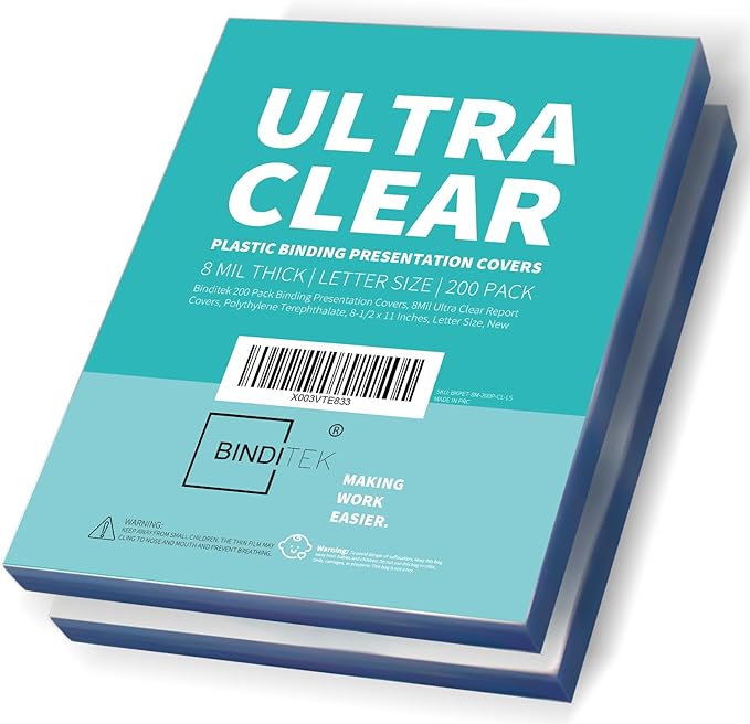 Binditek 200 Pack 8 Mil Binding Presentation Covers, Report Covers for Binding, Ultra Clear, 8-1/2 x 11 Inches, Letter Size, Square Corners, Un-Punched, Office Supplies