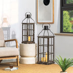 Glitzhome Farmhouse Oversized Wood Metal Lanterns Decorative Hanging Candle Lanterns Set of 2, Black (No Glass)