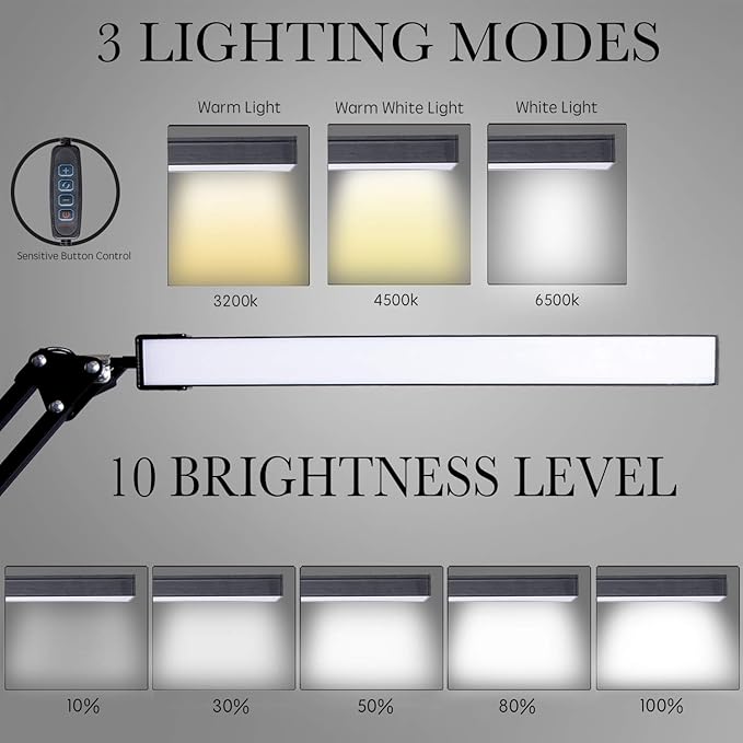 LED Desk Lamp, Adjustable Swing Arm Lamp with Clamp, Eye-Caring Reading Light, 10 Brightness Levels, 3 Lighting Modes, Memory Function Lamps for Home Office Adapter (Black)