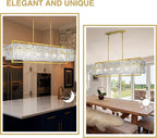 IKK Modern Rectangle Gold Crystal Chandeliers for Dining Room, 42" Large Rectangular Water Ripple Glass Island Light Fixture, Elegant Linear Lighting for Kitchen Island, Living Room, L42 x W11 x H12