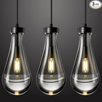 Raindrop Pendant Lights Kitchen Island Set of 3 Teardrop Black Hanging Light Fixtures Clear Solid Glass Pendant Light Modern Chandeliers for Dining Room Porch Corridor Living Room