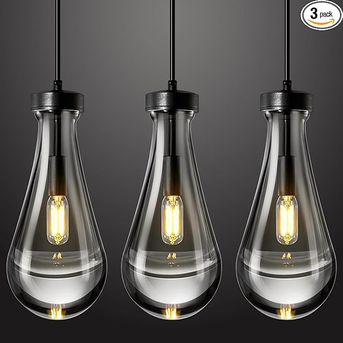 Raindrop Pendant Lights Kitchen Island Set of 3 Teardrop Black Hanging Light Fixtures Clear Solid Glass Pendant Light Modern Chandeliers for Dining Room Porch Corridor Living Room