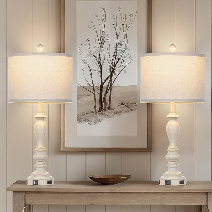 28" Table Lamps with USB C+A Ports & AC Outlets, Farmhouse Rustic Table Lamps Set of 2, Vintage End Table Nightstand Resin Bedside Lamp for Living Room Bedroom, Fabric Linen Shade Washed Antique Beige