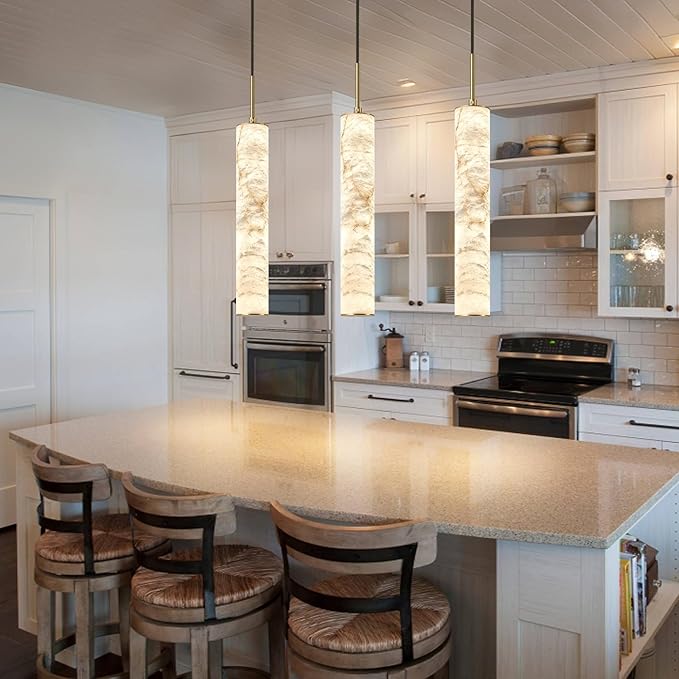 LMQNINE Natural Alabaster Pendant Lights for Kitchen Island White Marble Long Tube Chandelier Modern Gold Ceiling Light Fixtures for Bedroom Dining Room Table Living Room Hallway(M-1Pack)