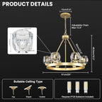 Gold Wagon Wheel Chandelier, 24 Inch Brass Chandeliers with Unique Glass Shade, 6-Light Crystal Farmhouse Wagon Wheel Chandeliers for Dining Room, Round Chandelier for Living Room, Foyer, Entryway