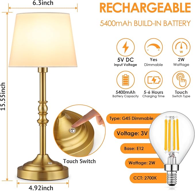 GGOYING Set of 2 Rechargeable Cordless LED Table Lamps, 4-Level Dimmer, Bronze Portable Desk Lamps with White Fabric Shades, Night Light for Dining, Bedroom and Patio