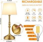 GGOYING Set of 2 Rechargeable Cordless LED Table Lamps, 4-Level Dimmer, Bronze Portable Desk Lamps with White Fabric Shades, Night Light for Dining, Bedroom and Patio