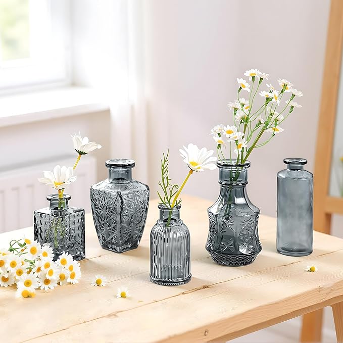 Grey Bud Vases in Bulk 24, Embossed Glass Small Vases for Flowers, Vintage Mini Flower Vase for Centerpieces, Wedding Decoration, Party, Baby Shower, Birthday, Home Decor, Living Room, Office