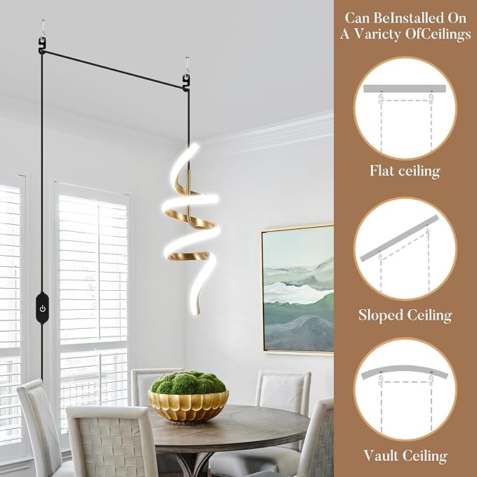 Plug in Pendant Light 3000~6000K Hanging Lights with Plug in Cord, Touch Switch Modern Pendant Light, Gold Hanging Lamps for Living Room, Kitchen, Dining Room, Bedroom,1 Pack