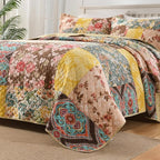 ENASAL Cotton Bedspread Quilt Sets Reversible Bedding Coverlet Sets Luxury Vintage Rustic Gorgeous Paisley Floral Yellow Real Patchwork Bedspread, Queen Size