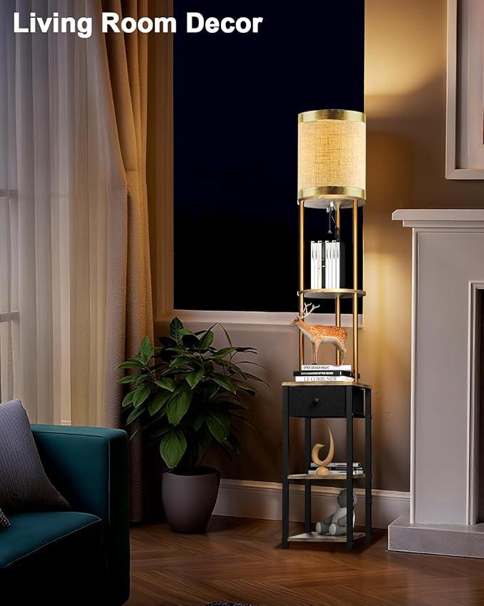 Lightdot 65IN Floor Lamps with Storage Table&Drawer, Corner Shelf Lamps with Black End Table and Fabric Lampshade, Modern Standing Tall Lamp for Living Room/Bedroom/Office(E26 LED Bulb Included)