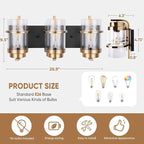 Black Gold Vanity Lights,3 Lights Bathroom Light Fixtures,Gold Finish Industrial Modern Wall Sconces 3 Lights,Bathroom Wall Lights(Bulbs not Included)