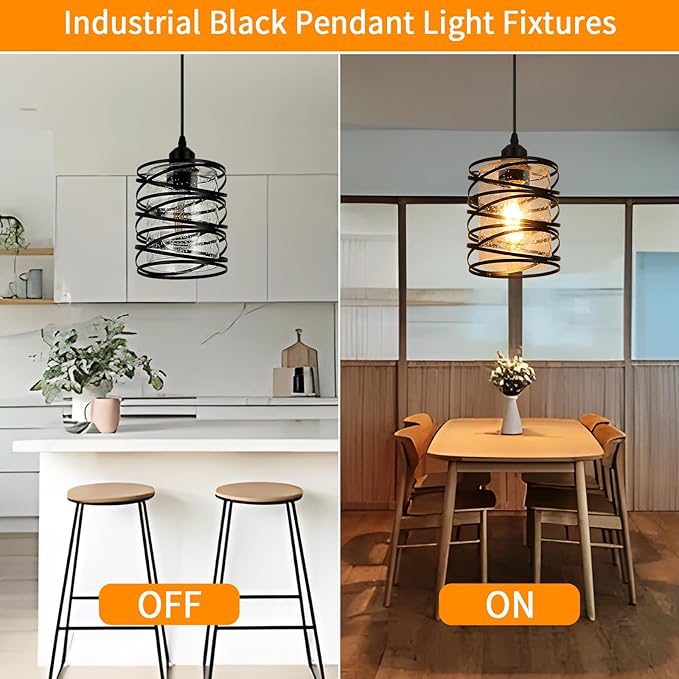 Black Pendant Lights for Kitchen Island, Industrial Farmhouse Pendant Light Fixtures with Seeded Glass Shade, Adjustable Spiral Iron Pendant Lighting for Foyer Hallway Dining Room Kitchen
