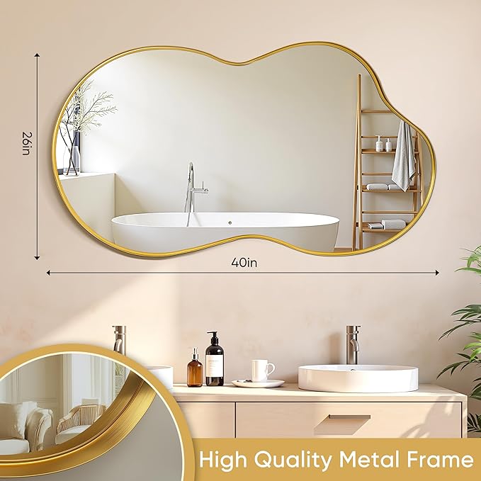 Suidia Irregular Wall Mirror, 40"x26" Bathroom Mirror Asymmetrical Mirrors Artistic Mirrors Decorative for Living Room Bedroom Bathroom Hallway Entryway, Gold, Cloud Style