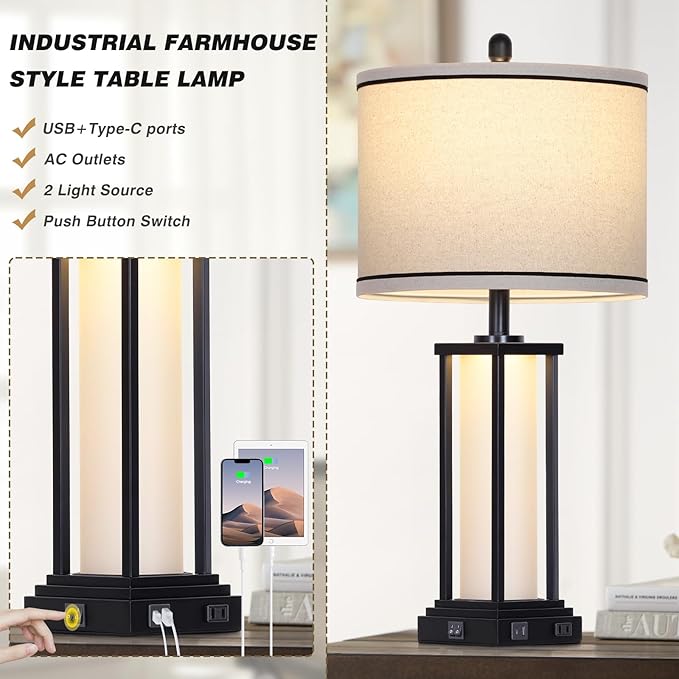 27" Tall Vintage Table Lamp with USB C+A & Outlet,Black Industrial End Table Lamp for Living Room,Farmhouse Rustic Bedside Lamp with Frosted Glass Night Light for Bedroom Nightstand,Black-1P