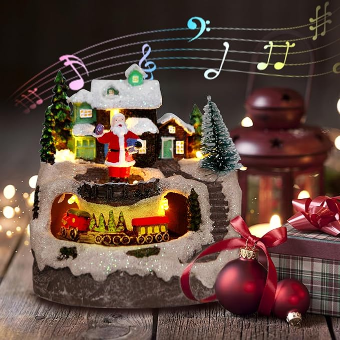 Christmas Decorations Village House Resin Collectible Building Figurines Revolving Train Musical Snow Globe 8 Music for Vintage Christmas Decor (Santa)