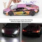 1/24 Scale Colorful Lambo Revuelto Diecast Car Model, Collectible Diecast Toy Car with Lights and Sounds, Pull Back Vehicles Toy for Adults Kids Birthday Gifts Decoration