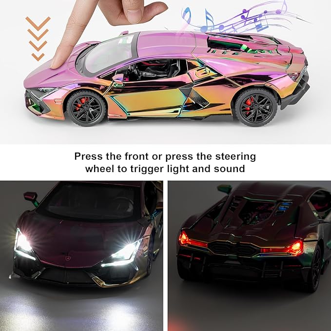 1/24 Scale Colorful Lambo Revuelto Diecast Car Model, Collectible Diecast Toy Car with Lights and Sounds, Pull Back Vehicles Toy for Adults Kids Birthday Gifts Decoration