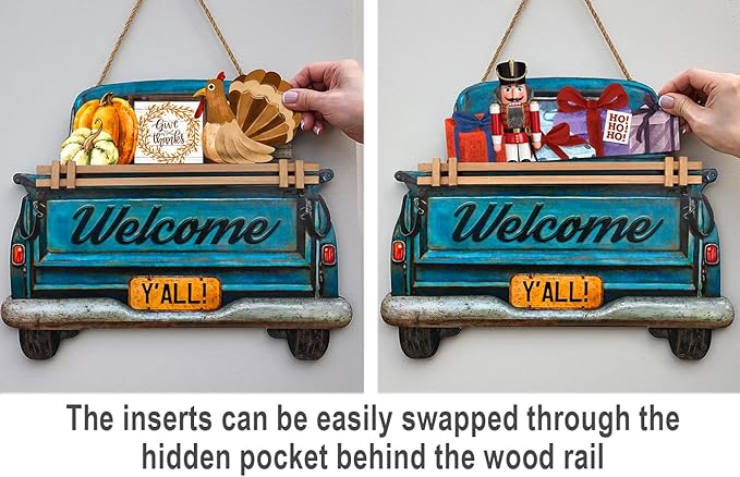 Interchangeable Welcome Sign for Front Door Blue Farmhouse Truck Decor Hanging Sign with 11 Interchangeable Seasonal and Holiday Decor Signs 12x14 in. (Blue Farmhouse Truck)