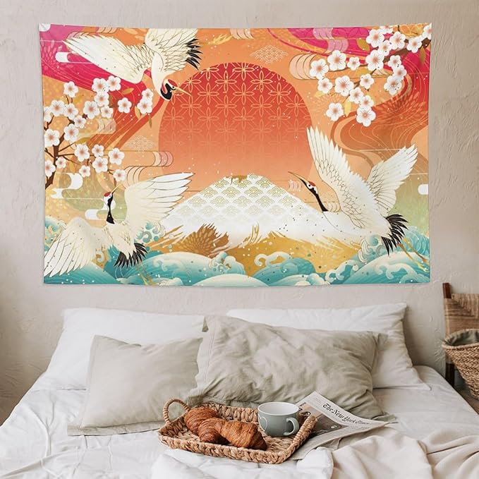 HZOHNAGO Japanese Tapestry Cherry Blossom Crane Sea Wave Fuji Mountain Red Sun Pattern Printed Wall Tapestry Painting Wall Hanging for Bedroom Living Room Dorm 90" W x 60" H