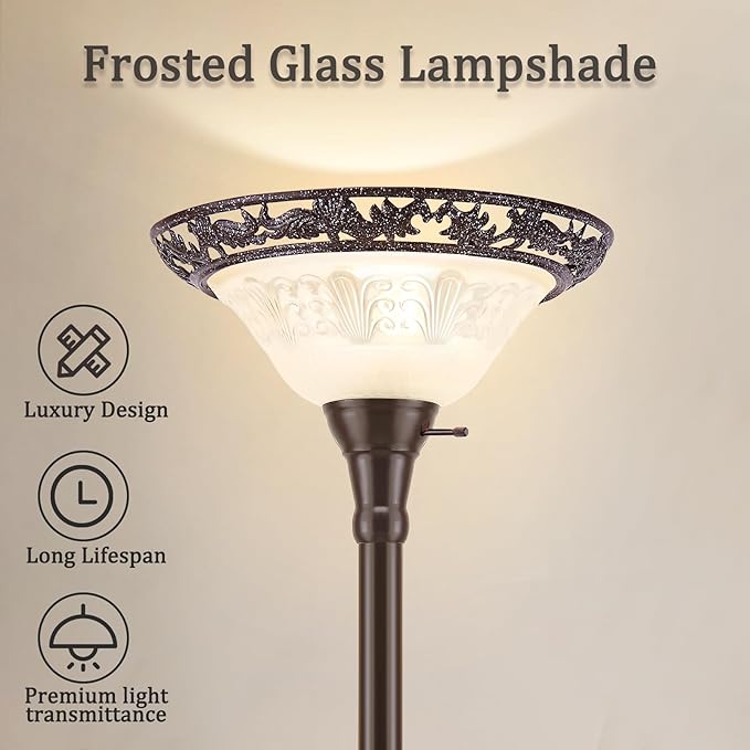 Luvkczc Torchiere Floor Lamp for Living Room - 70" Victorian Floor Lamp with with Etched Glass Shade, Vintage Standing Corner Tall Reading Light for Bedroom Office