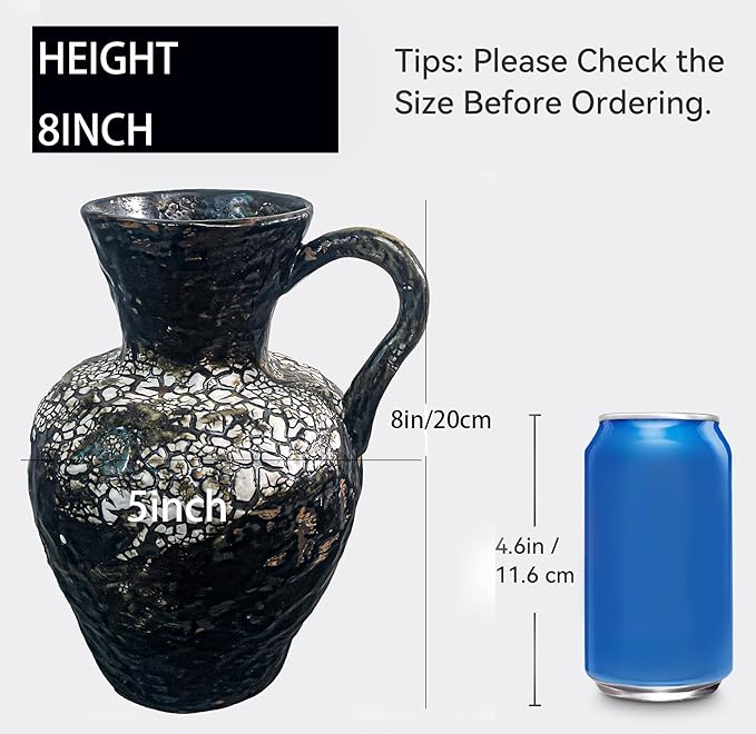 Rustic Pottery Ceramic Vase - Vintage Farmhouse Style Decor, White Grid Ceramic Vases for Home Decor, Modern Farmhouse Decor (White Black)