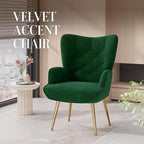Nalupatio Mid Century Modern Velvet Accent Chair, Tufted Button High Back Chair, Upholstered Wingback Armchair with Metal Legs, High Back Side Chair for Living Room Bedroom, Green