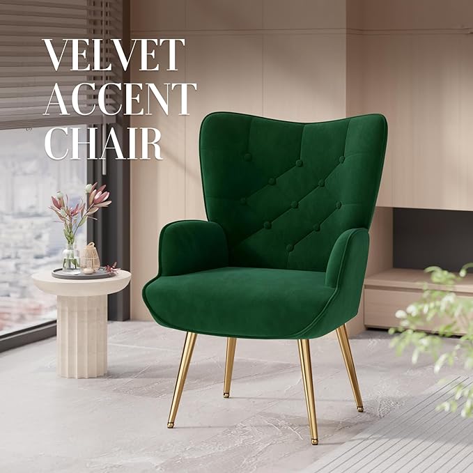 Nalupatio Mid Century Modern Velvet Accent Chair, Tufted Button High Back Chair, Upholstered Wingback Armchair with Metal Legs, High Back Side Chair for Living Room Bedroom, Green