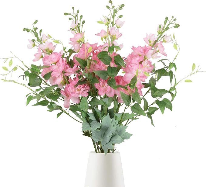 8PCS Pink Artificial Delphinium Flowers with Clematis Greenery Long Stem Artificial Flowers for Tall Vase for Home Wedding Floral Arrangement Centerpiece Table Decor (Pink)
