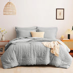 CozyLux Full Bed in a Bag Light Grey Seersucker Textured Comforter Set with Sheets 7-Pieces All Season Bedding Sets with Comforter, Pillow Sham, Flat Sheet, Fitted Sheet and Pillowcase