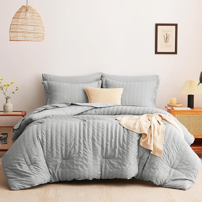 CozyLux Queen Comforter Set Light Grey Seersucker 7 Pieces Bed in a Bag Queen Comforter Set with Sheets Luxury Soft Bedding Set with Down Alternative Comforter, Sheets, Pillowcases & Shams All Seasons