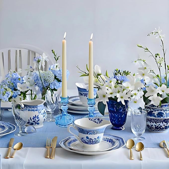 Glass Candlestick Holder,Striped Taper Candle Holders,Set of 6 Candle Stand for Table Centerpieces, Home Decor,Weddings,Festival and Parties (Blue Stripe Pattern)