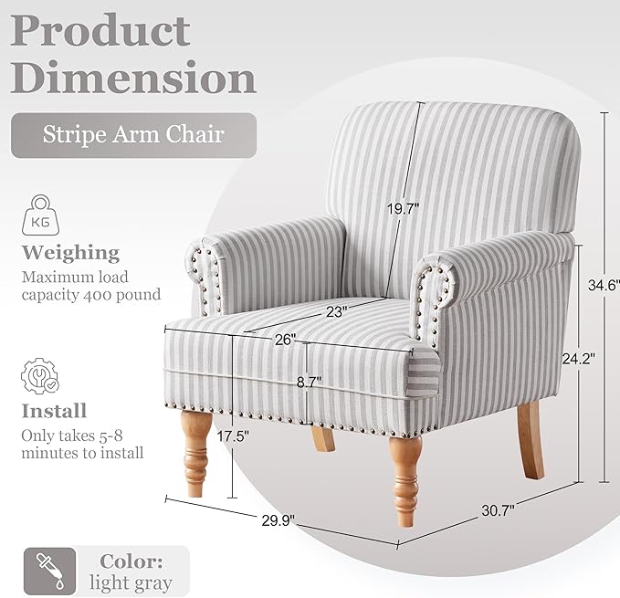 HUIMO Linen Fabric Accent Chair, Mid-Century Modern Armchair with Solid Wood Legs, Single Sofa Chair,Upholstered Reading Club Chair (1, Grey and White Stripe)