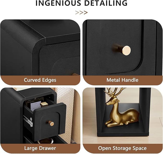 Narrow Nightstand with 2 Drawers, Small Bedside Tables, Mid-Century Modern Slim Night Stand with Storage, Wooden End Table for Small Spaces, Bedroom, Living Room (Black-1PCS)