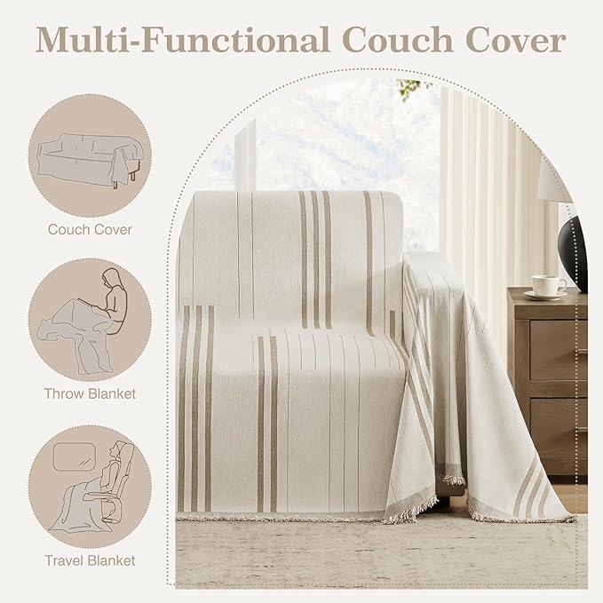 Boho Couch Cover Washable Sectional Couch Covers for Dogs Reversible Sofa Slipcover for 2 or 3 Cushion Couch Pet Friendly Furniture Protector (2# Khaki, 91" x 134")