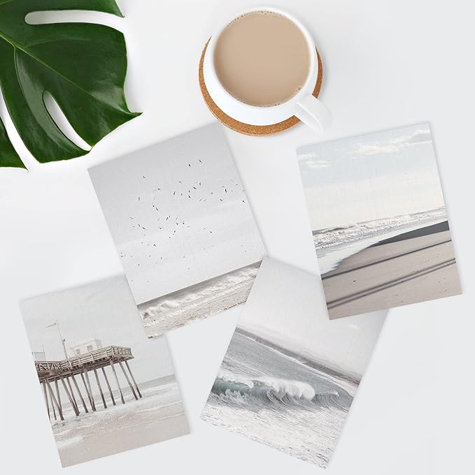 SIGNWIN Poster Bathroom Decor, Wall Art Room Decor Multicolor for Living Room, Bedroom, Office White Minimalist California Ocean Beach Seashore Pier Nature Wilderness Realism Landscape - 12"x16"x4