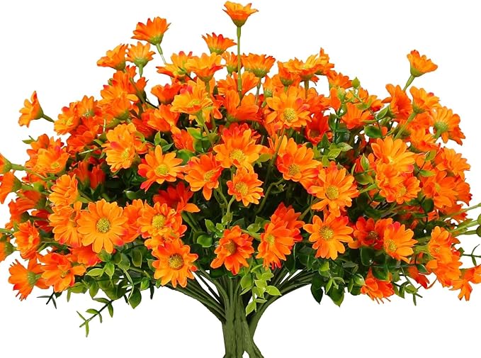 alyptus 8 Bundles Artificial Flowers for Outdoors Faux Mums UV Resistant Plastic Fall Plants Fake Greenery Orange Daisy Bulk for Home Gardenr Window Box Pathway Plante Wedding Decor (Orange)