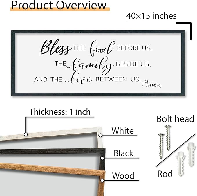 SRSZHIYUE Bless the Food Before Us Wall Sign Decor 40"×15" Christian Bible Verse for Farmhouse Rustic Kitchen Dining Room Framed Wood Scripture Religious Jesus Prayer Wall Art (Black)