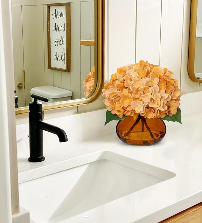 Hollyone Hydrangea Fall Flowers Artificial for Decoration with Glass Vase Yellowish Orange Silk Faux Flowers Arrangements in Vase with Fake Water Autumn Table Centerpiece Fall Decorations for Home
