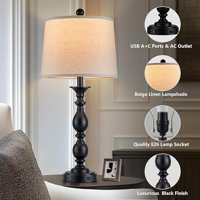 28" Tall Modern Table Lamps Set of 2 with USB C+A Ports and AC Outlet, 3 Way Touch Metal Bedside Lamps for Living Room, Black Farmhouse Nightstand Lamps for Bedroom