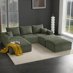 Boneless Sectional Cloud Couch Sofa Bed for Living Room, 112" Modular Modern Lounge 3 Seater Sleeper Green Couches with Chaise, No Assemble, Cordury Compression Upholstered Sofas