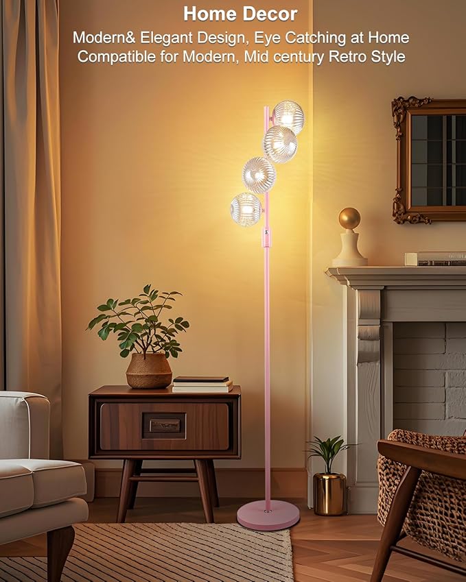 Lightdot 64IN Dimmable Floor Lamp with Globe Clear Glass Shade, Modern Pink Standing Lamps with 4PCS 3000K G9 Bulbs Soft Warm White Eye Care, Mid Century Floor Lamp for Living Room Bedroom