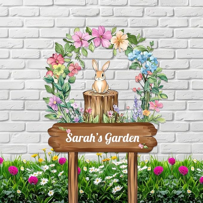 Personalized Rabbit Metal Sign with Stake,Custom Gardener Last Name Signs Outdoor Decor,Customized Flowers Gardening Birthday Gifts,Cute Animal Plaques for Patio Lawn Porch Backyard Farmhouse Outside