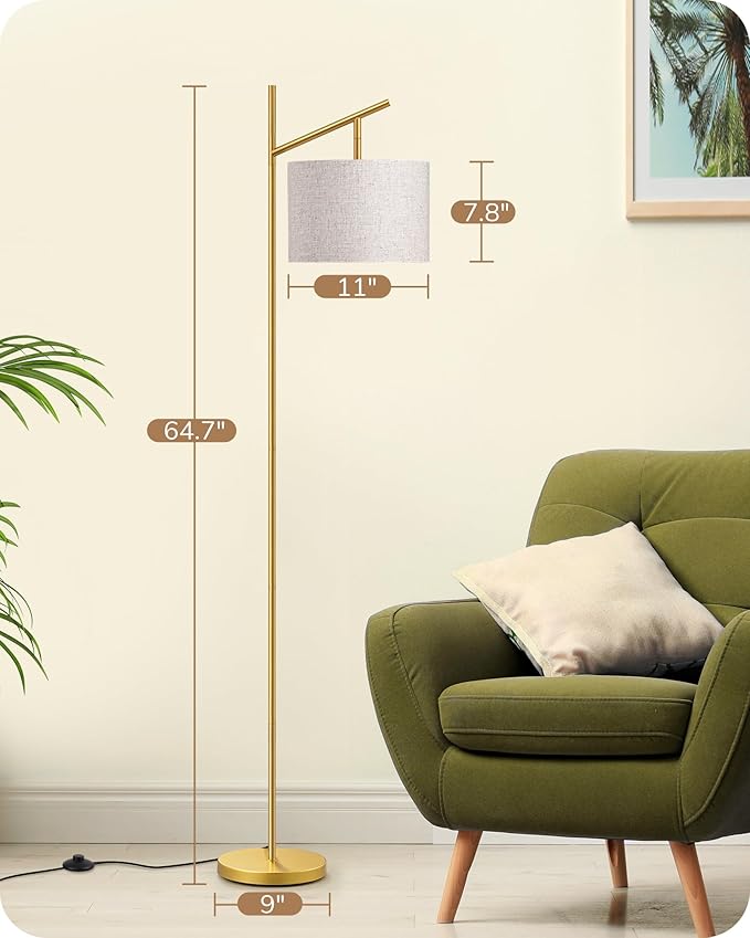 EDISHINE 64.7" Modern Minimalist Floor Lamps for Living Room with 3 Color Temperatures Bulb & Adjustable Linen Shade, Foot Pedal Switch, Tall Standing Lamp for Bedroom Office, Gold