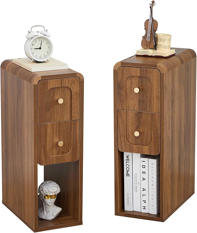 Small Nightstand Set of 2, Wooden Narrow Nightstands with 2 Drawers, Vintage Side End Table for Small Spaces, Skinny Night Stand, Bedside Table for Bedroom, Living Room (Walnut-2PCS)