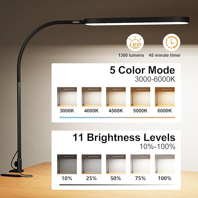 SKYLEO Led Desk Lamp - Desk Light for 33.5" Tall - Flexible Gooseneck - 5 Color Modes X 11 Brightness Levels - 1300LM - Timmer & Memory Function - 12W Clip on Light - Black