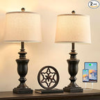 27.5" Vintage Farmhouse Table Lamps Set of 2 Bedside Lamp, 3 Way Dimmable Bedroom Lamps with 2 USB Ports +AC Outlet Touch Nightstand Lamp Rustic Lamp (Rotary-Antique Black)