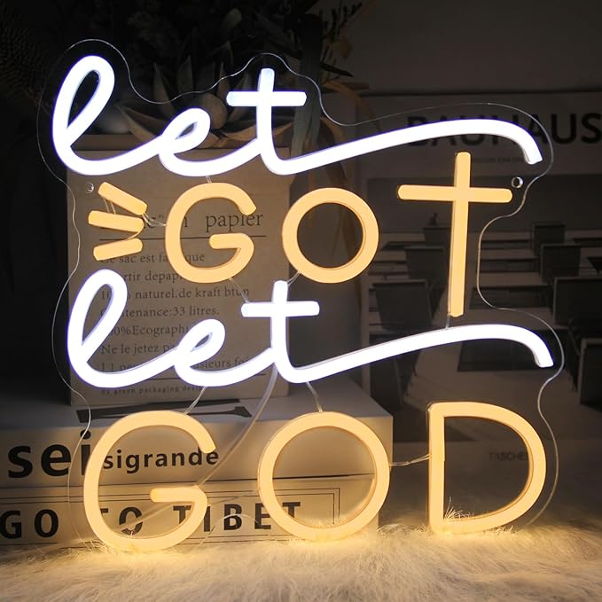 Let Go Let God Neon Sign Warm White Cross Neon Light Dimmable Letters LED Signs for Wall Jesus Neon Lights Signs for Bedroom Church Man Cave Bar Decor Christian Hymn USB Powered